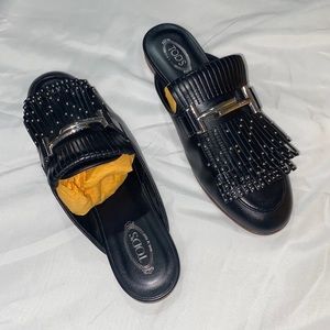 Tod’s Studded Fringed Mules in Black, size 37